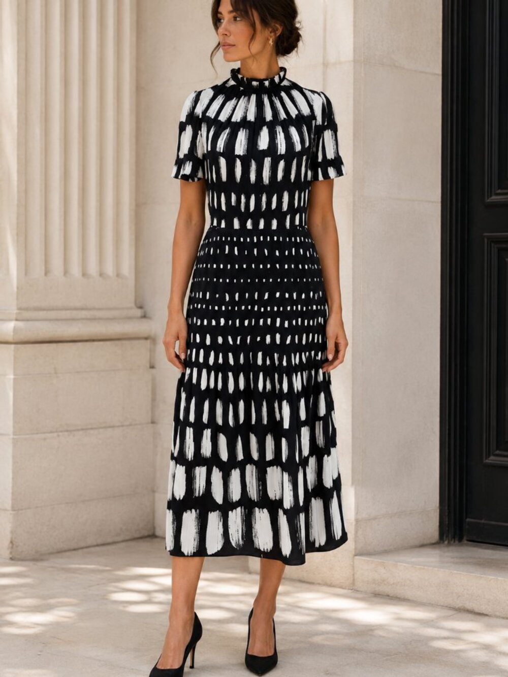 Maggy London Midi Dress Womens 8 Black White Abstract Print Ruffle Neck Workwear